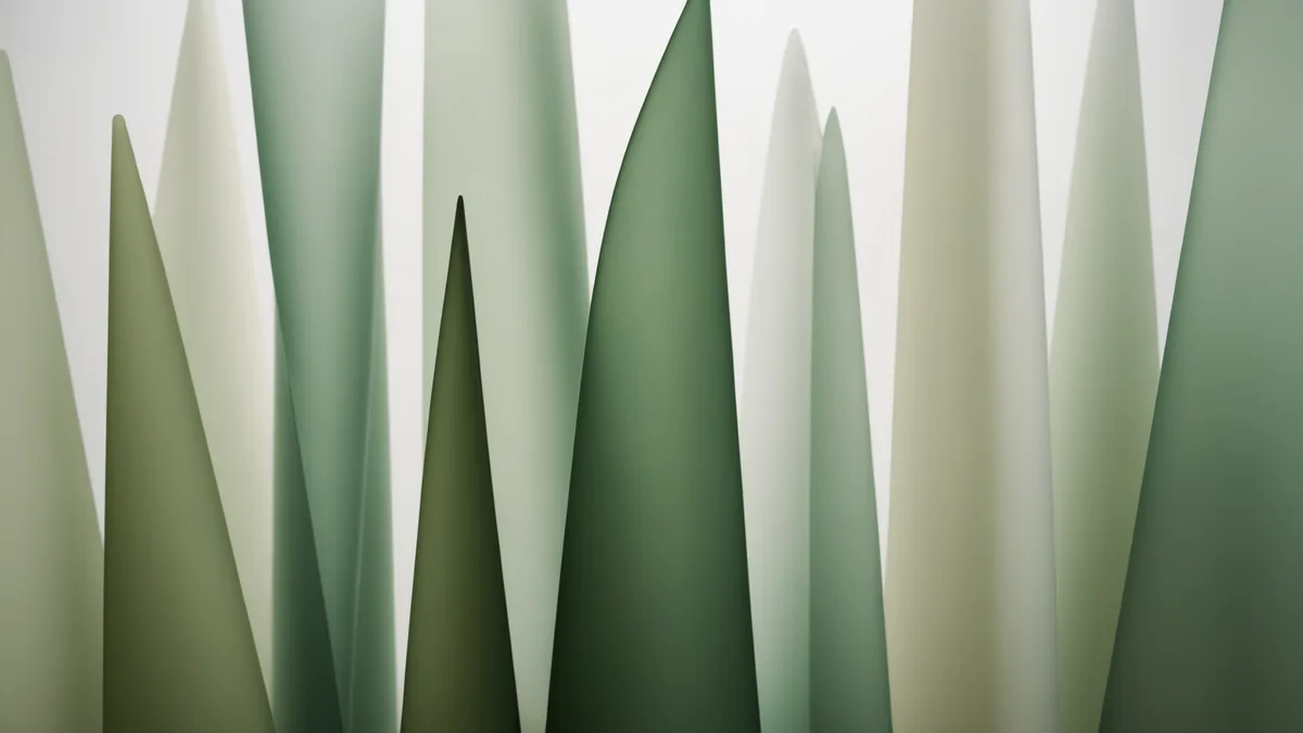 Abstract layered translucent sheets creating depth and order, clinical palette