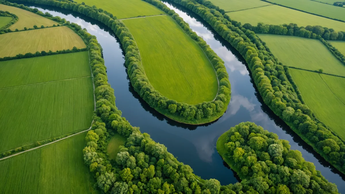 Aerial photograph of a winding river path through green landscape, suggesting a timeline