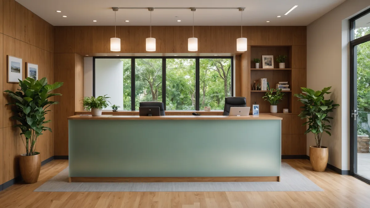 Small medical practice reception with warm afternoon light, no people