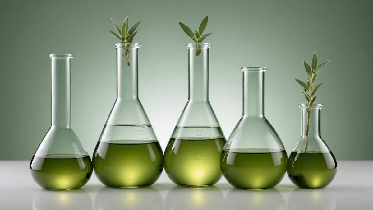 Laboratory glassware with sage green fluid, shallow depth of field, clinical aesthetic