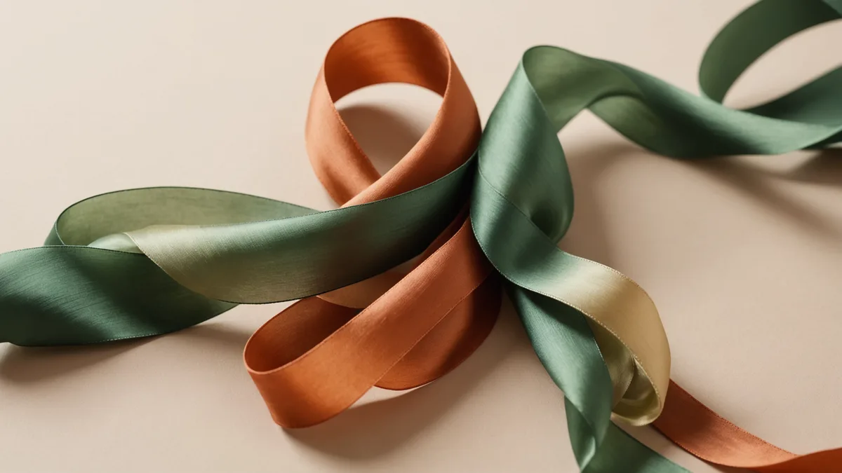 Abstract flowing ribbons of sage, clay, and forest green suggesting interconnected data streams