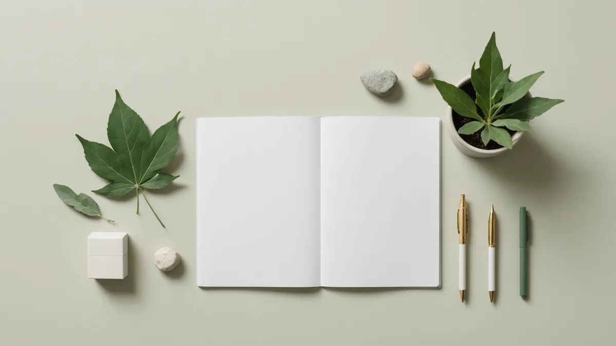 A minimalist desk with a horizontal row of objects suggesting a timeline, clean natural light