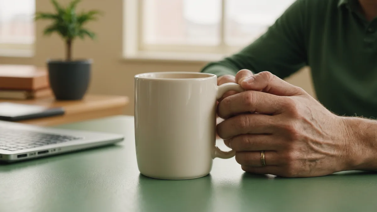 Close-up of hands wrapped around a ceramic cup in a clinical office setting, warm afternoon light