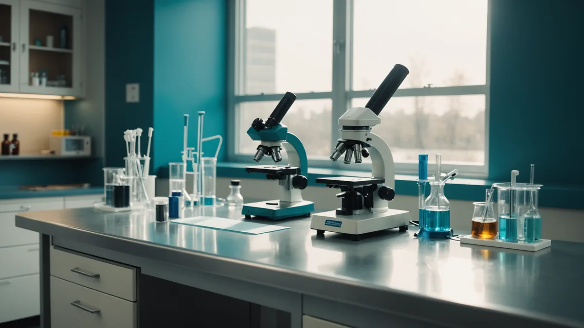 Clinical laboratory workbench with precision instruments, soft focus, no people